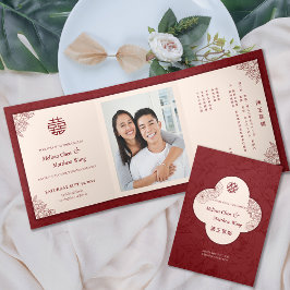 ダブル西中国のバイリンガル3倍の結婚式の招待 三つ折り招待状