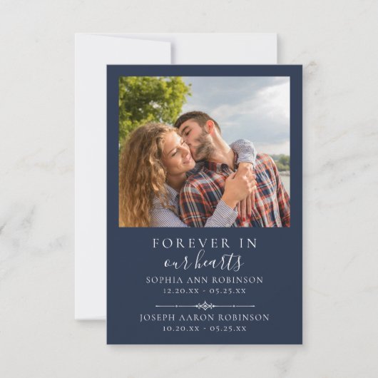 ダブル記念写真葬式ブルー祈りの言葉カード (正面)