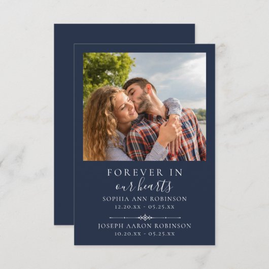 ダブル記念写真葬式ブルー祈りの言葉カード (正面/裏面)