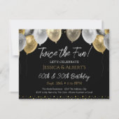 ダブル誕生日ブラックと金ゴールドバルーン 招待状 (正面)