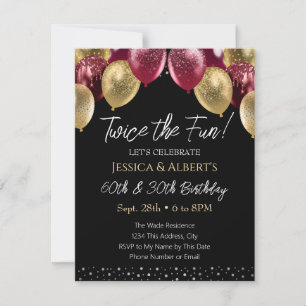 ダブル誕生日レッドおよび金ゴールドバルーン招待状 招待状