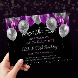 ダブル誕生日紫と銀のバルーン 招待状