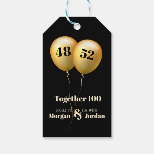 ダブル・セレブレーションの誕生日ゴールドとブラック ギフトタグ (正面)