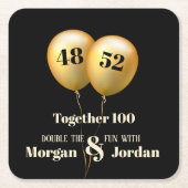 ダブル・セレブレーションの誕生日ゴールドとブラック スクエアペーパーコースター (正面)