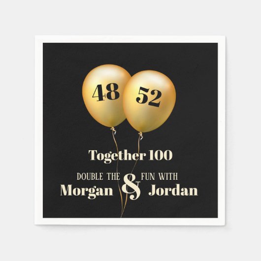 ダブル・セレブレーションの誕生日ゴールドとブラック スタンダードカクテルナプキン (正面)
