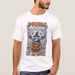 ダブル・トイル・トラブル・ウィッチ・パンプキン・ハロウィン・クモの巣 Tシャツ