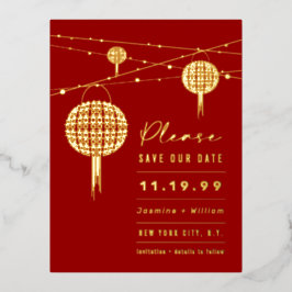 ダブル・ハピネス・ランタン中国のが日付を保存 箔招待状ポストカード