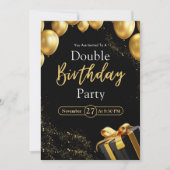 ダブル バースデー パーティー ブラックとゴールド エレガント 招待状 (正面)