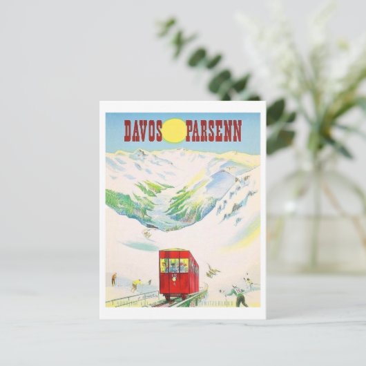ダボス・パーセン鉄道、赤い列車、ヴィンテージ旅行 ポストカード (スタンド正面)