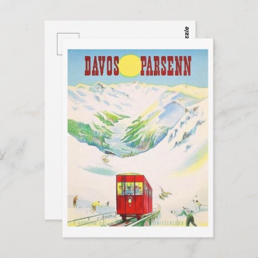 ダボス・パーセン鉄道、赤い列車、ヴィンテージ旅行 ポストカード (正面/裏面)