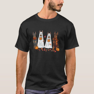 ダボーマン幽霊と落ち葉の可愛いデザイン 秋の感謝の気持ちを伝える Tシャツ