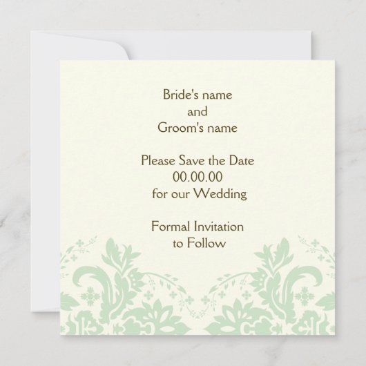 ダマエレガントスクのミントアイボリー結婚式の日付を保存 招待状 (裏面)