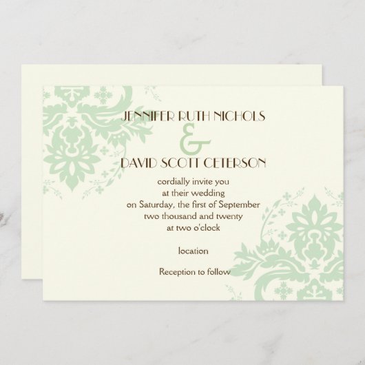 ダマエレガントスクのミントグリーン、アイボリー結婚ズ 招待状 (正面/裏面)