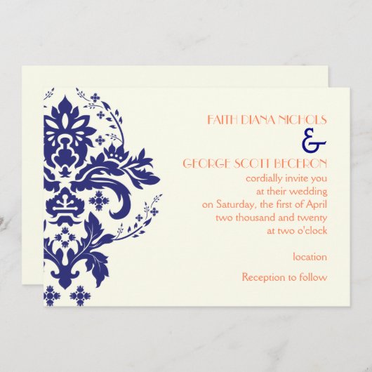 ダマエレガントスク海軍ブルー，サンゴ，アイボリー結婚ズ 招待状 (正面/裏面)