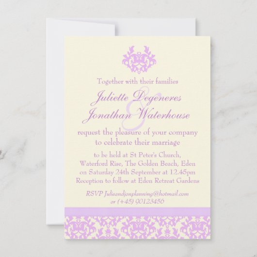 ダマエレガントスク薄紫&クリーム結婚式招待状 招待状 (裏面)
