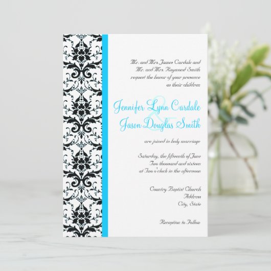 ダマスエレガントクティール（緑がかった色）ブルーストライプ結婚式招待状 招待状 (スタンド正面)