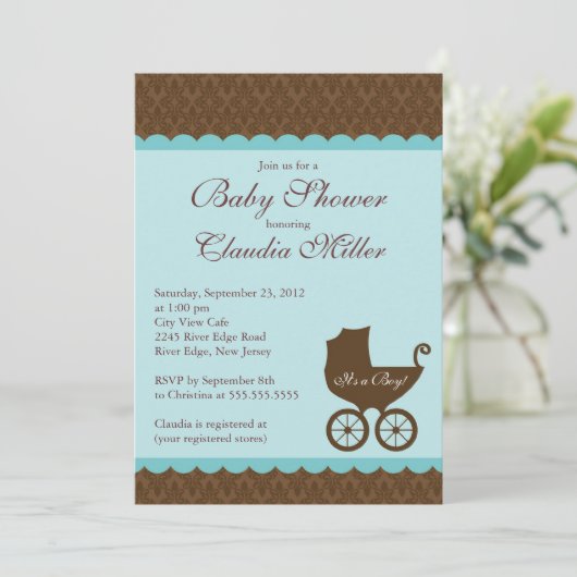 ダマスエレガントク車少年ベビーシャワー招待状 招待状 (スタンド正面)
