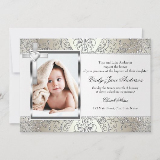 ダマスクかわいらしクロスフォトバプテスマ招待状 招待状 (正面)