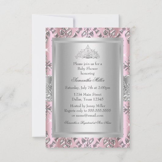 ダマスクかわいらしティアラプリンセスベビーシャワー招待状 招待状 (裏面)