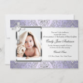 ダマスクかわいらし&クロスパープルフォトバプテスマ招待状 招待状 (正面)