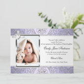 ダマスクかわいらし&クロスパープルフォトバプテスマ招待状 招待状 (スタンド正面)