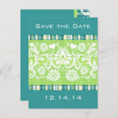 ダマスクがライム上のティール（緑がかった色）プレイドに表示 案内ポストカード (正面/裏面)