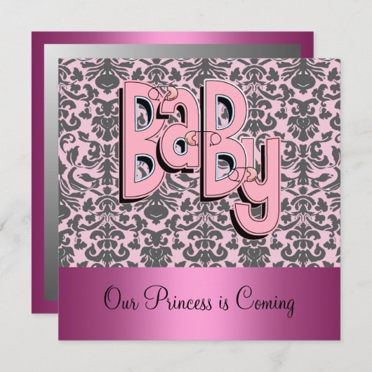 ダマスクとピンクベビーシャワー招待状 招待状 (正面/裏面)