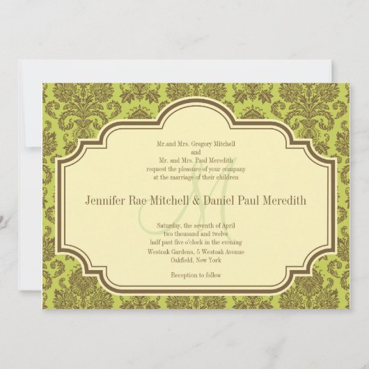 ダマスクとモノグラム結婚式招待状 招待状 (正面)