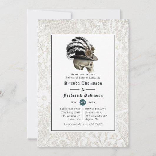ダマスクとレースのゴシッ結婚クのリハーサルディナー 招待状 (正面)