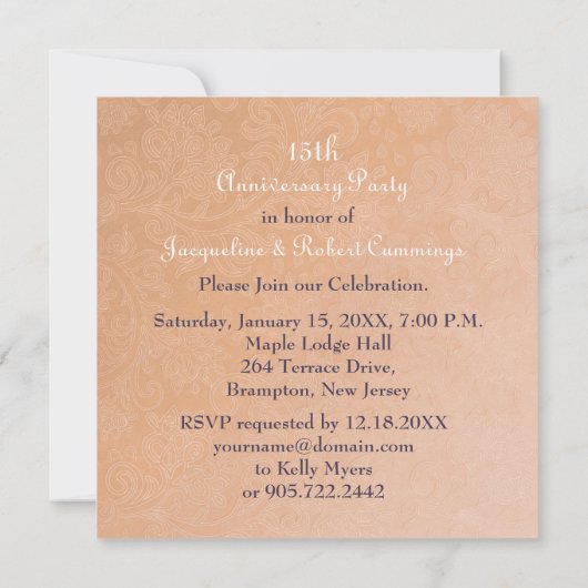 ダマスクとローズのピーチ色 15周年結婚記念日 招待状 (裏面)