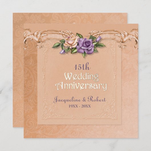 ダマスクとローズのピーチ 15周年記念結婚式 招待状 (正面/裏面)