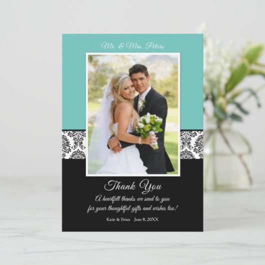 ダマスクと淡いティール(緑がかった色)(ANY ACCENT COLOR)結婚の サンキューカード (スタンド正面)