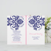 ダマスクのネイビーブルー、ピンクの結婚式プログラム (スタンド正面)