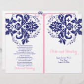 ダマスクのネイビーブルー、ピンクの結婚式プログラム (正面/裏面)