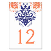 ダマスクのネイビー結婚ブルー、コーラルのテーブル番号 テーブルナンバー (裏面)