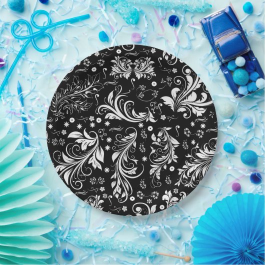 ダマスクのパターフランスのン、ダマスク、白黒 ペーパープレート (パーティー)