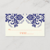 ダマスクのモチーフネイビーブルー結婚コーラル座席表 プレイスカード (裏面)