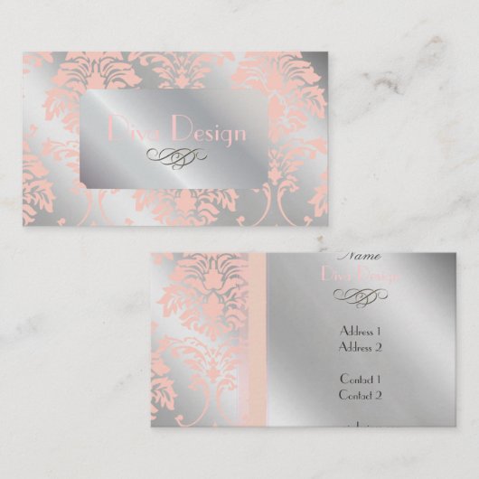 ダマスクの名刺淡い色のピンクの銀色 名刺 (正面/裏面)
