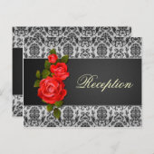 ダマスクの黒と灰色、赤いバラのウェディング  レセプション インビテーションポストカード (正面/裏面)