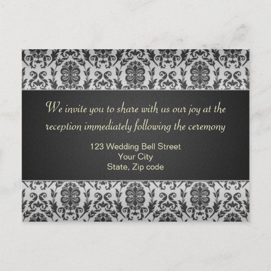 ダマスクの黒と灰色、赤いバラのウェディング  レセプション インビテーションポストカード (裏面)