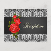 ダマスクの黒と灰色、赤いバラのウェディング  レセプション インビテーションポストカード (正面)