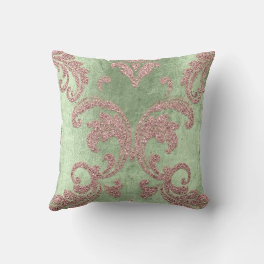 ダマスクアクアピンク赤面ミントグリーンコテージベルベット クッション (裏面)