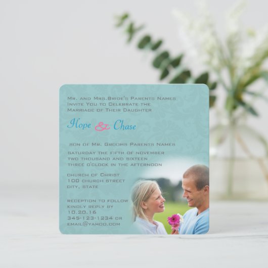 ダマスクアクアファンキーブルーピンク結婚式招待状 招待状 (スタンド正面)