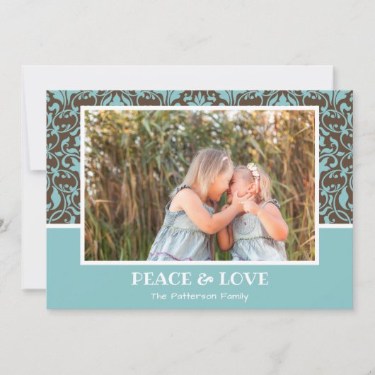 ダマスクアクアブラウンクリスマスフォト シーズンカード (正面)