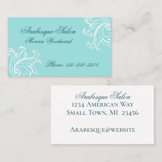 ダマスクアクア、ターコイズ、ホワイトビジネスカード 名刺 (正面/裏面)
