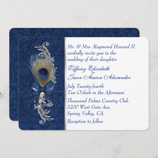 ダマスクアンドピーコックフェザー結婚式招待状 招待状 (正面/裏面)