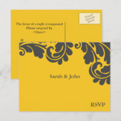 ダマスクイエローとグレーウェディングRSVP インビテーションポストカード (正面/裏面)