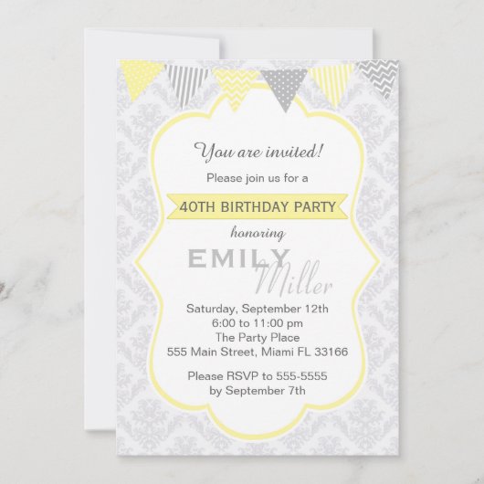 ダマスクイエローグレー 大人 誕生日 招待状 (正面)