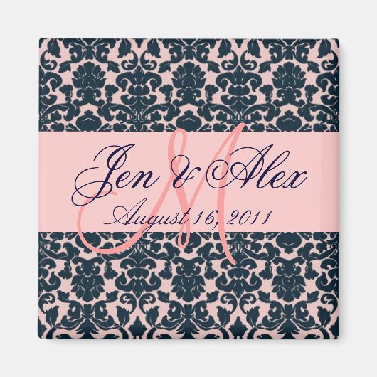 ダマスクウェディングモノグラムピンクネイビーマグネット マグネット (正面)