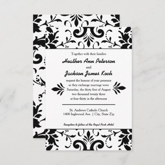 ダマスクウェディング招待状3x5白黒 招待状 (正面/裏面)
